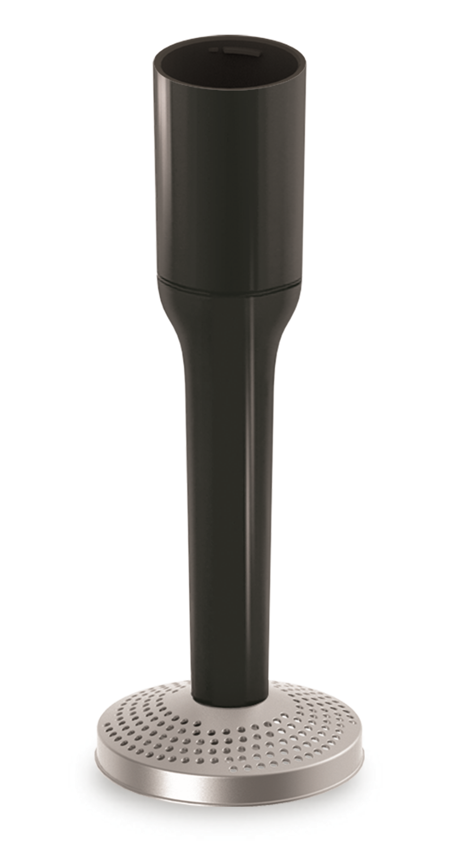 Una batidora de inmersión negra con un protector de cuchilla de acero inoxidable.