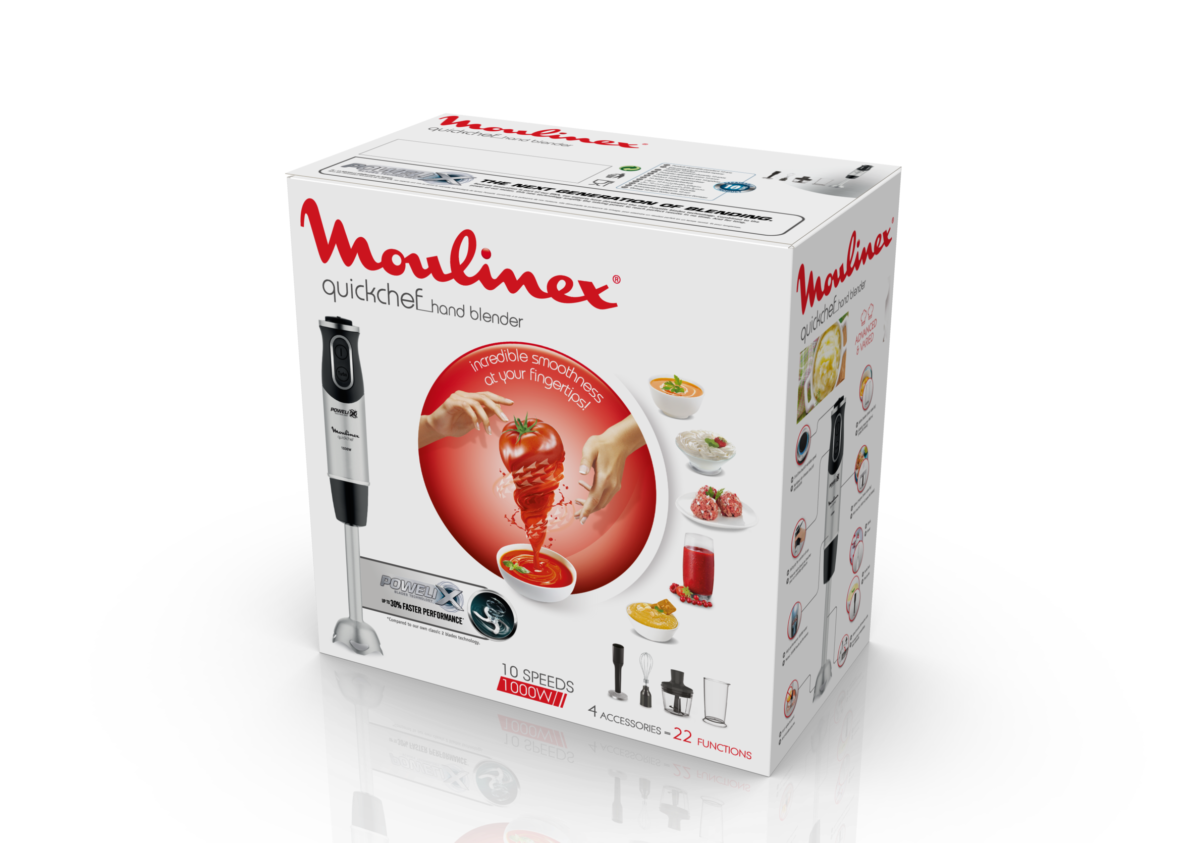 Caja de licuadora Moulinex, en ángulo. Licuadora y accesorios visibles. Fondo blanco.