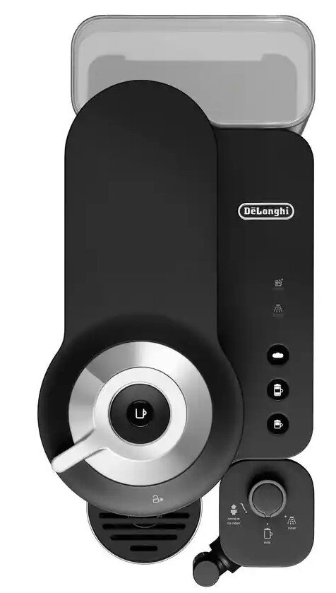 Czarny i srebrny ekspres do kawy De'Longhi, z przezroczystą pokrywą na górze.