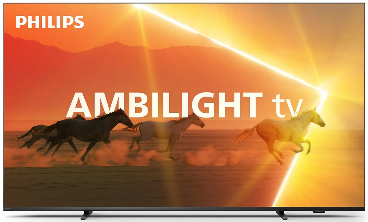 Telewizor Philips Ambilight z biegnącymi końmi na ekranie. Pomarańczowe i żółte tło.