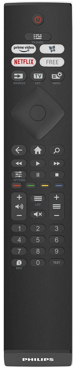 Czarny pilot Philips z przyciskami do różnych funkcji. Logo Philips znajduje się na dole.