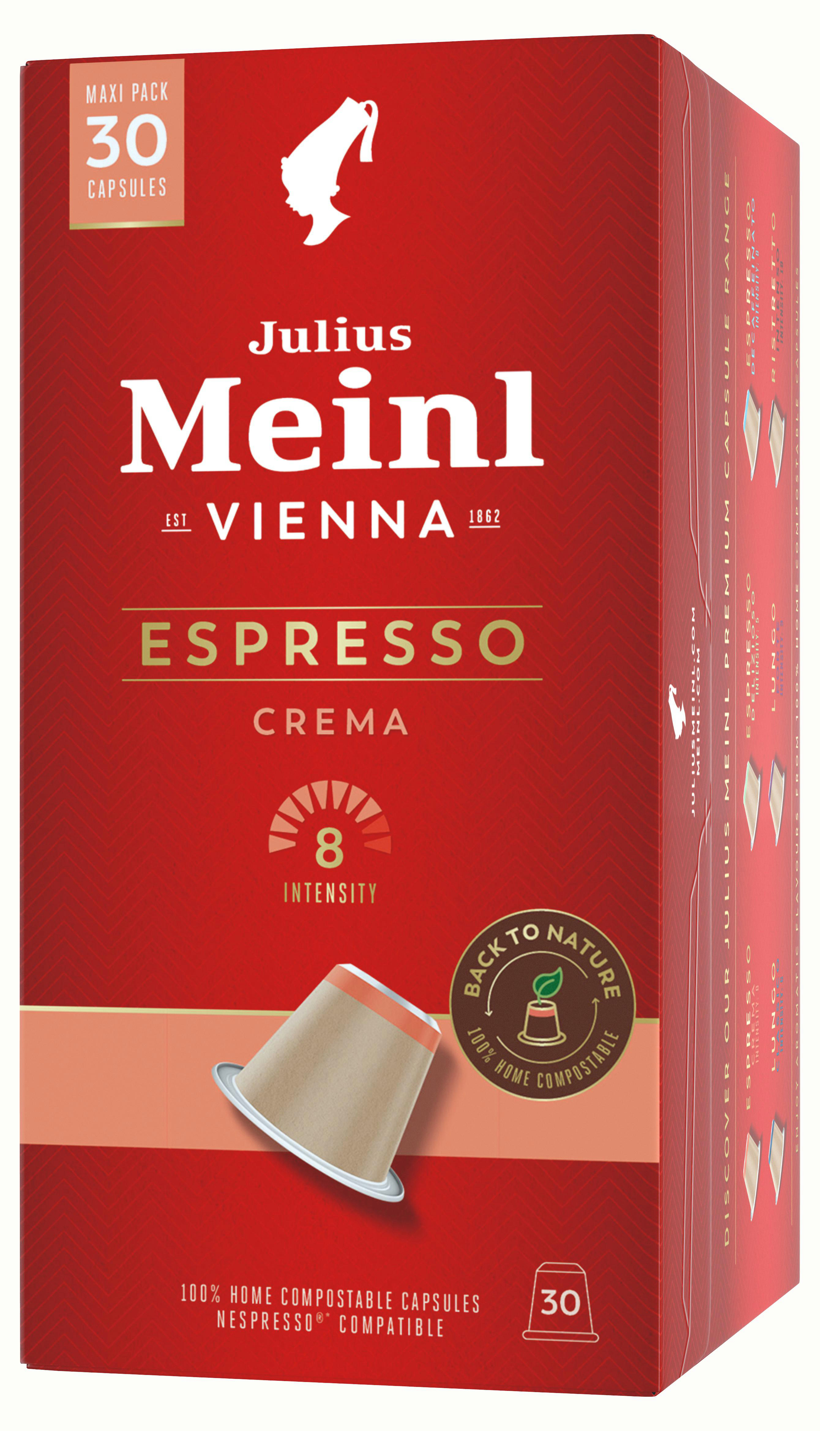 Schachtel mit Julius Meinl Espresso Crema Kaffeekapseln. Rote Verpackung.
