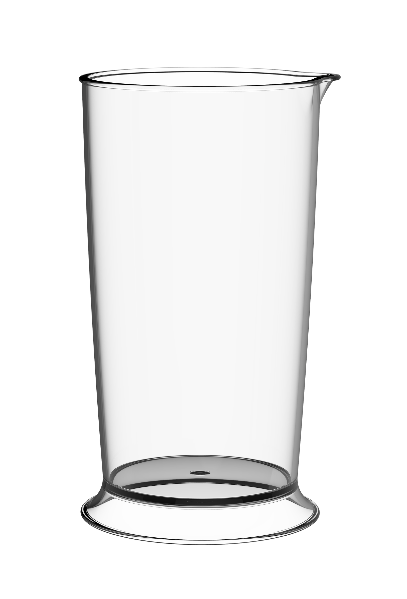 Un vaso de plástico alto y transparente con pico.