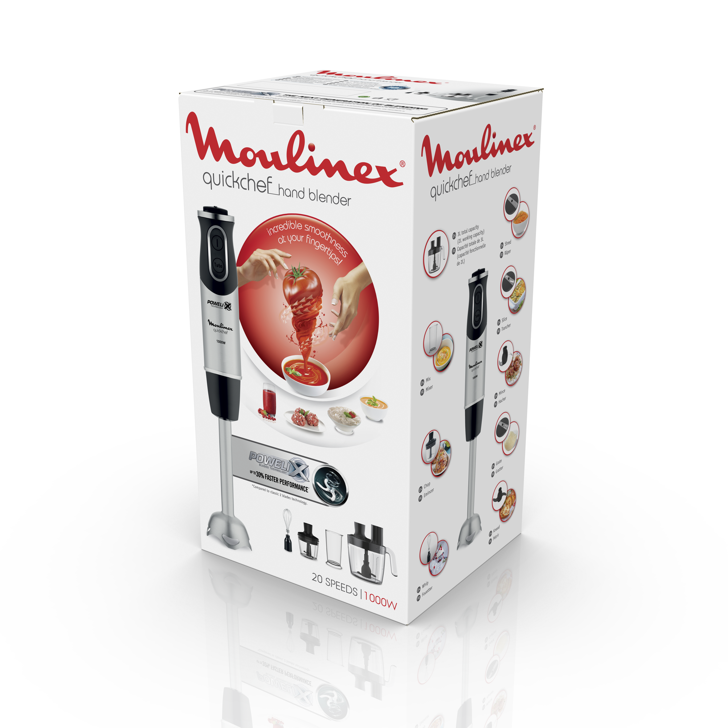 Batidora de mano Moulinex Quickchef en caja, con imagen y texto.