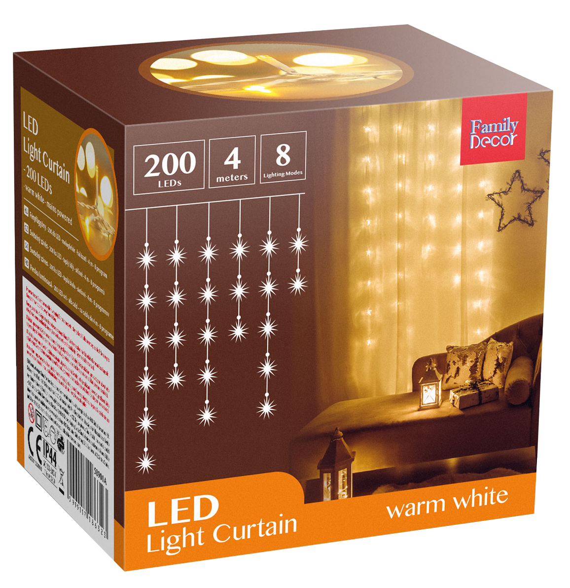Dobozos LED-es fényfüggöny, melegfehér, csillag alakú fényekkel és dekorációval.