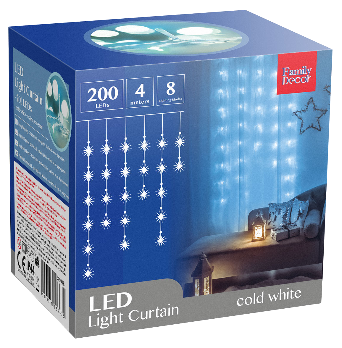 LED-es fényfüggöny doboz, szögben. Függöny kép. Fehér és kék színek. Fehér háttér.