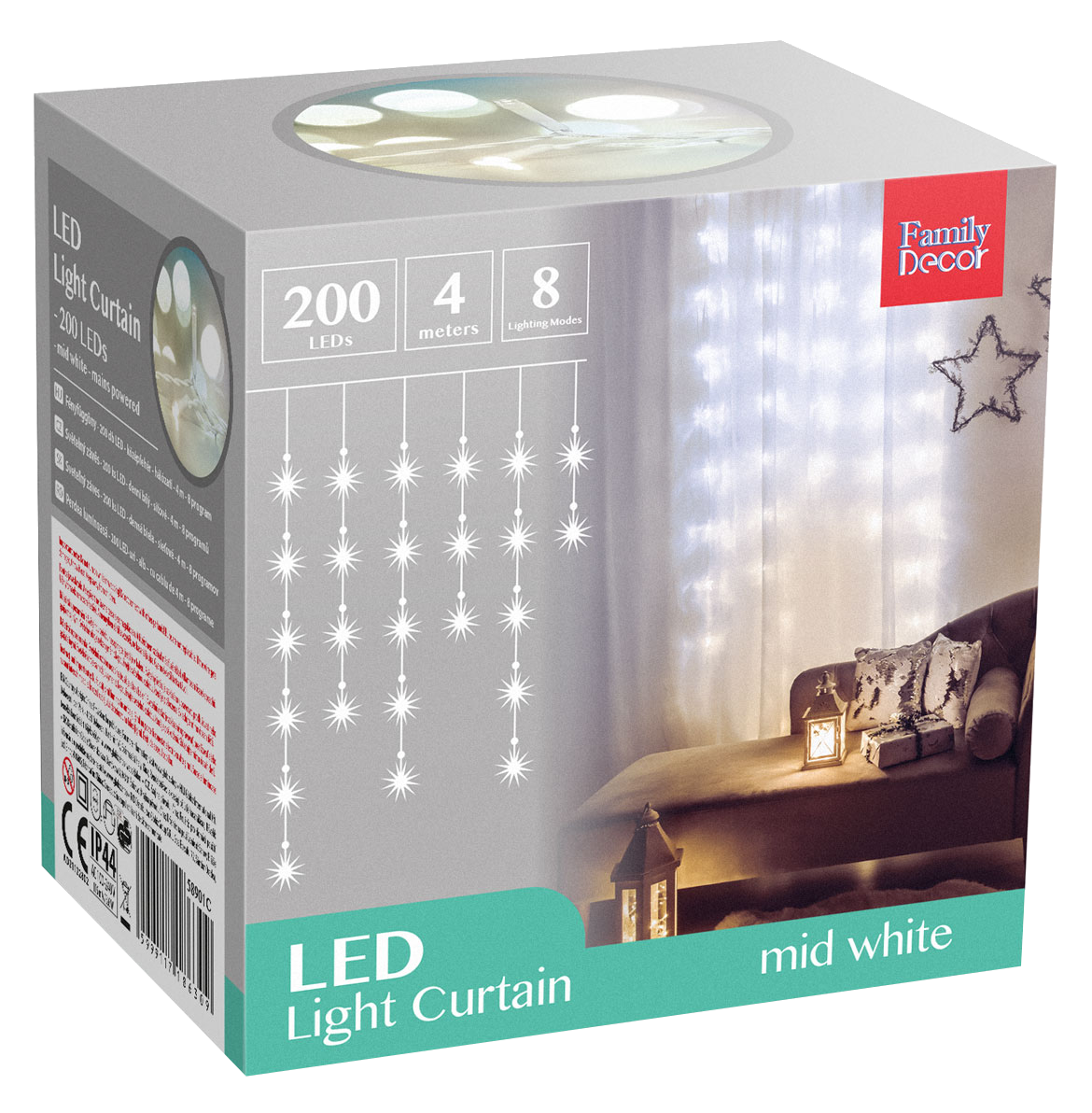 Doboz LED-es fényfüggönnyel. 200 LED-et, 4 métert és 8 módot tartalmaz. A jelenetben kanapé, lámpák és egy csillag látható.