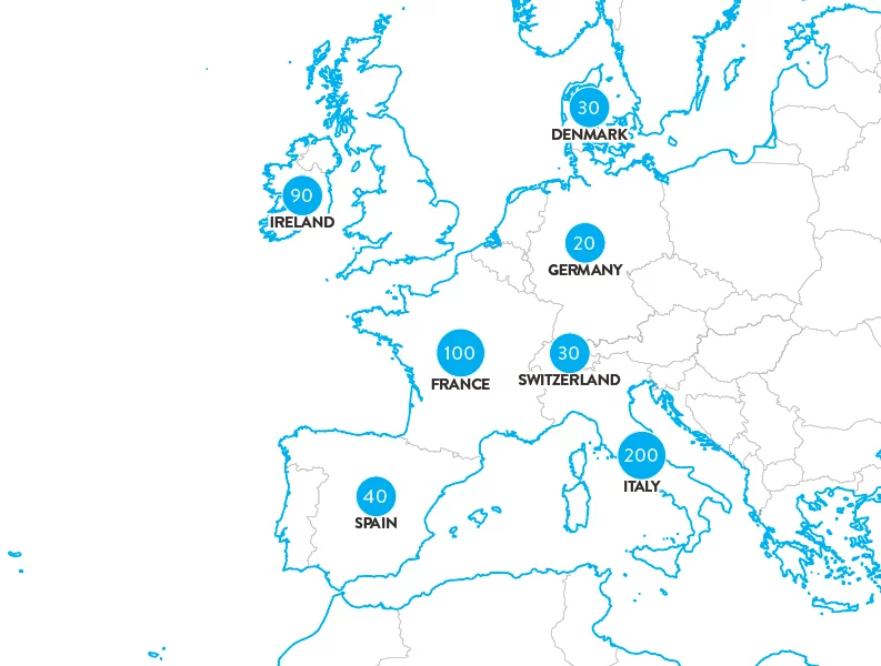 Mappa dell'Europa con numeri che indicano luoghi e valori. La Francia ha il valore più alto.