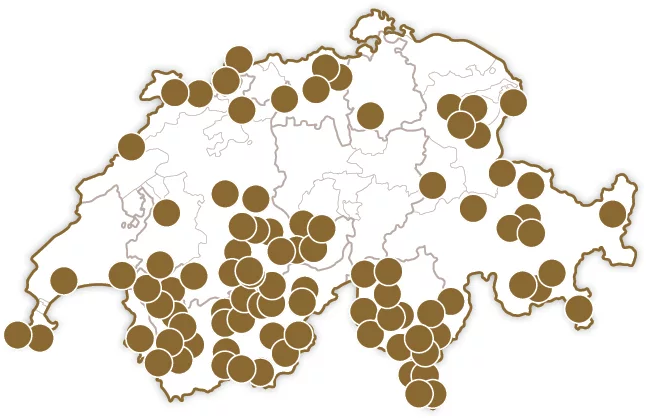 Une carte de la Suisse avec des points marron indiquant les emplacements.