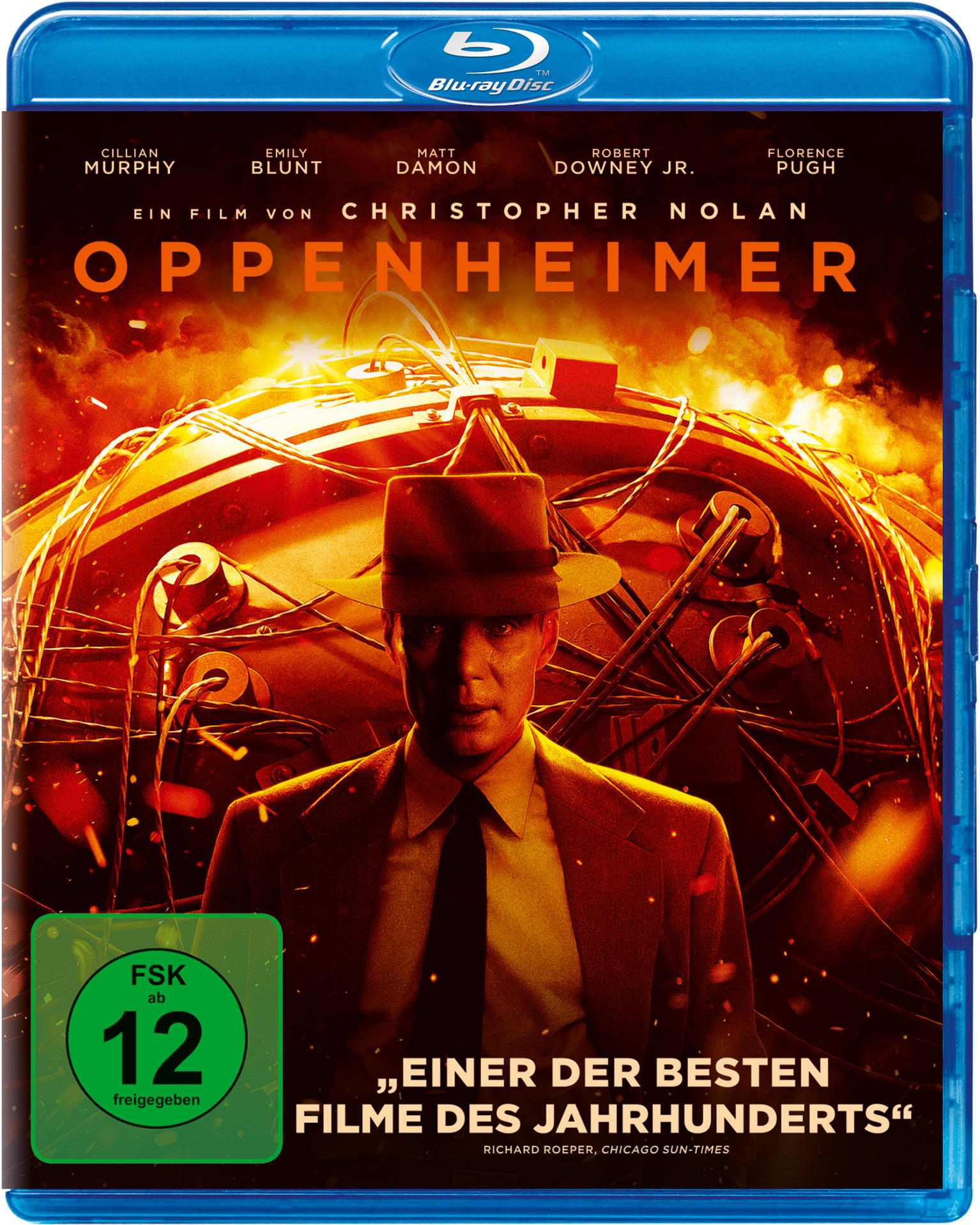Das Cover des Films Oppenheimer. Cillian Murphys Gesicht ist der zentrale Fokus.