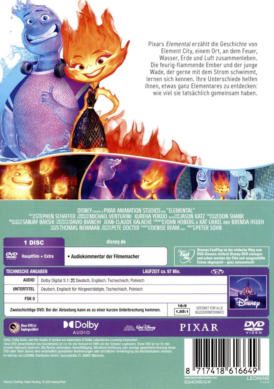 Rückseite einer DVD-Hülle für den Film Elemental. Enthält die Charaktere Wade und Ember, Disney-Logo.