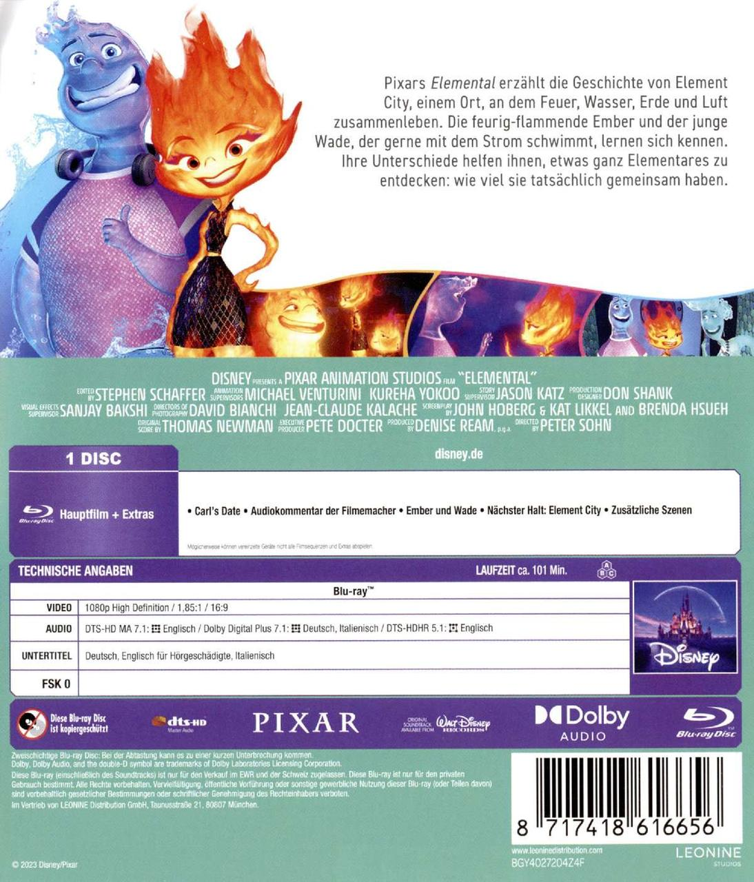 Elemental Blu-ray-Cover. Pixar-Film mit animierten Figuren. Text auf Deutsch. Disney-Logo.