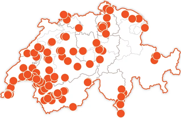 Mappa della Svizzera con cerchi arancioni che segnano le posizioni.