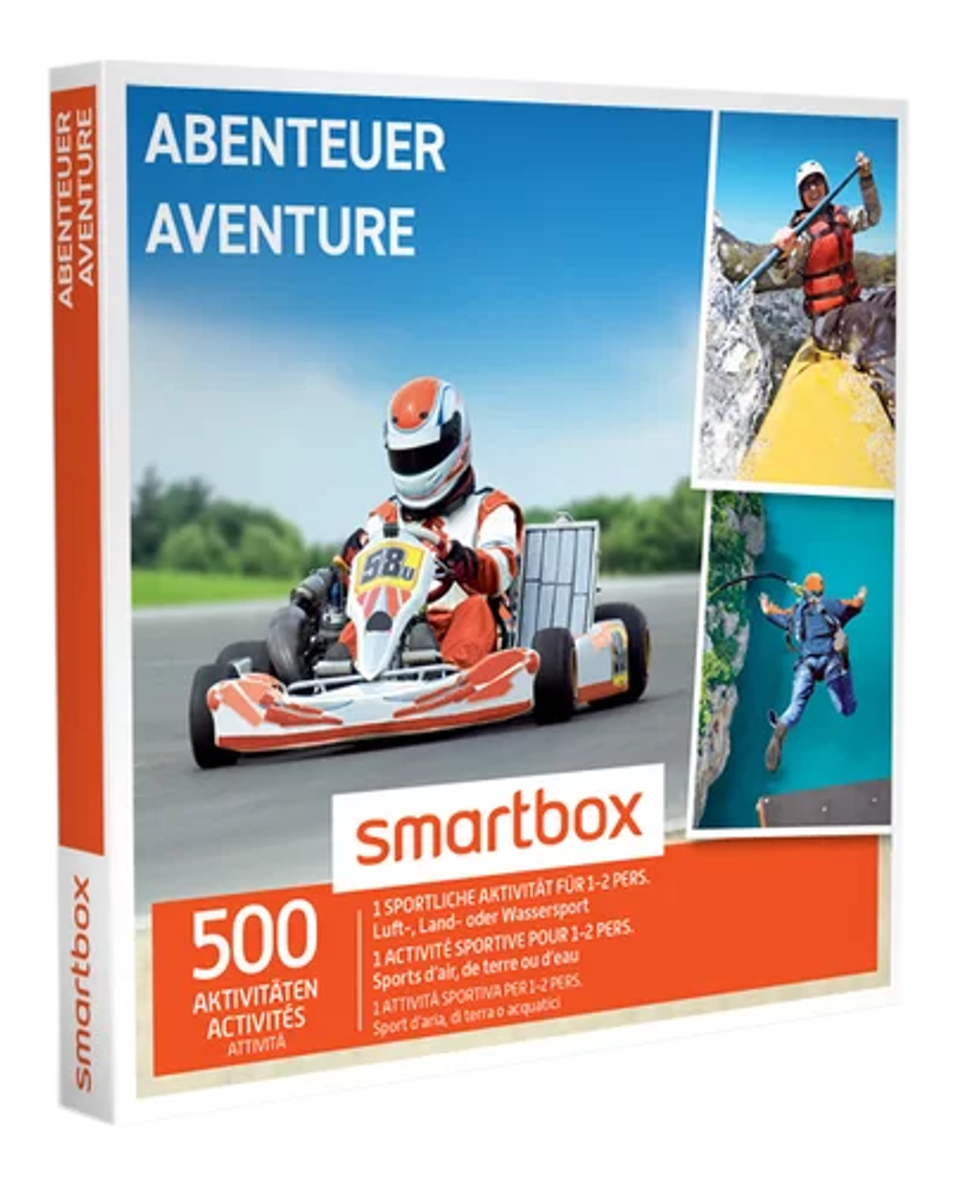 Eine Smartbox mit Bildern von Outdoor-Aktivitäten: Kartfahren, Abseilen und Wassersport.