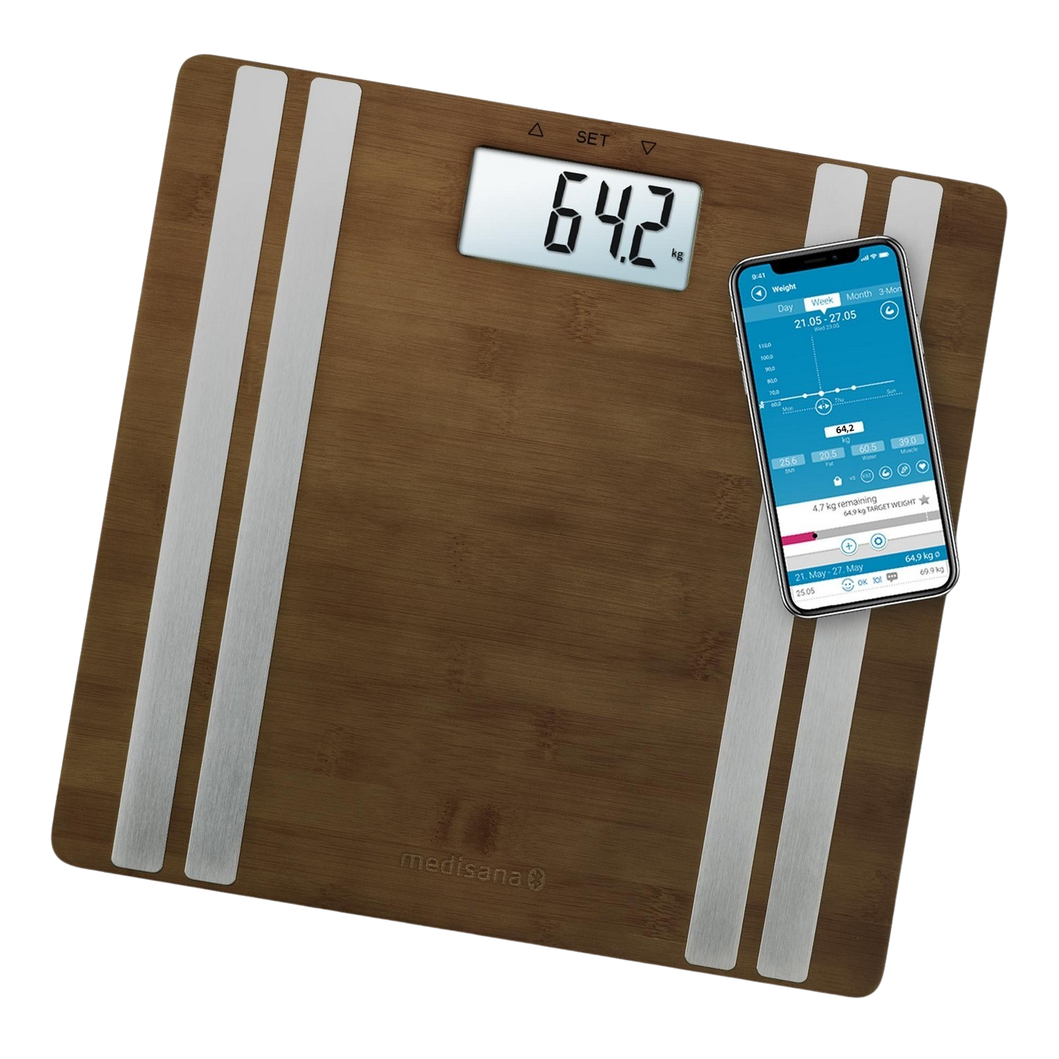 Digitale weegschaal met gewichtsweergave (64,2 kg) en een smartphone met gewichtsdiagram.