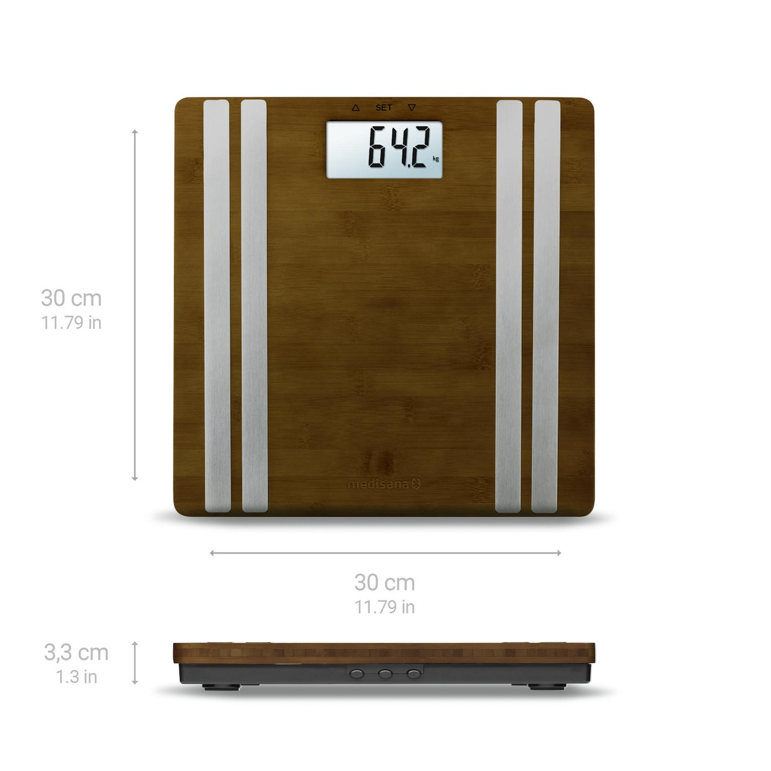 Een digitale badkamerschaal met bruine houten uitstraling. Geeft het gewicht in kilogram weer.