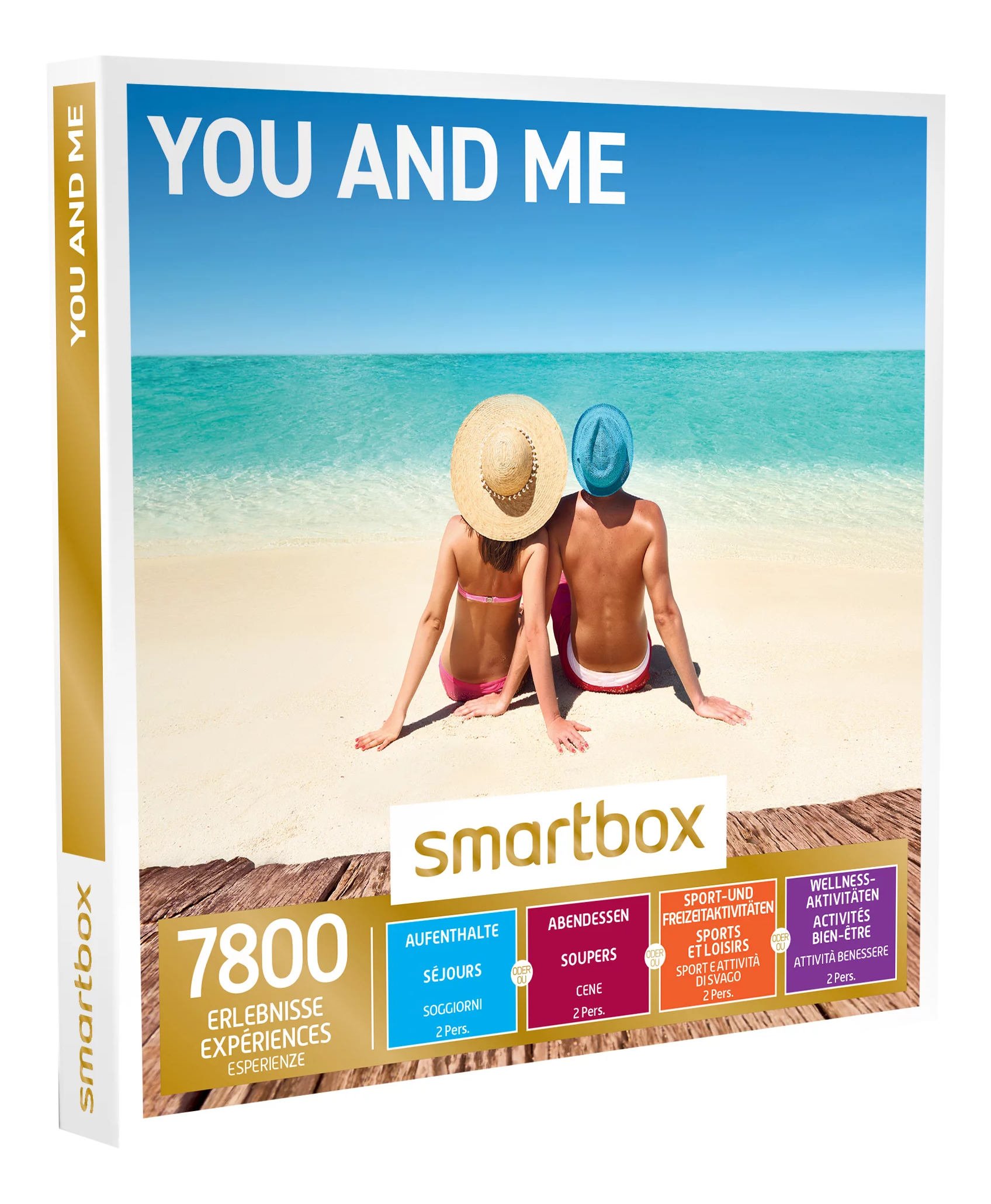 Smartbox-Paket: Paar am Strand, sonnenbadend. Text: You and Me, 7800 Erlebnisse.
