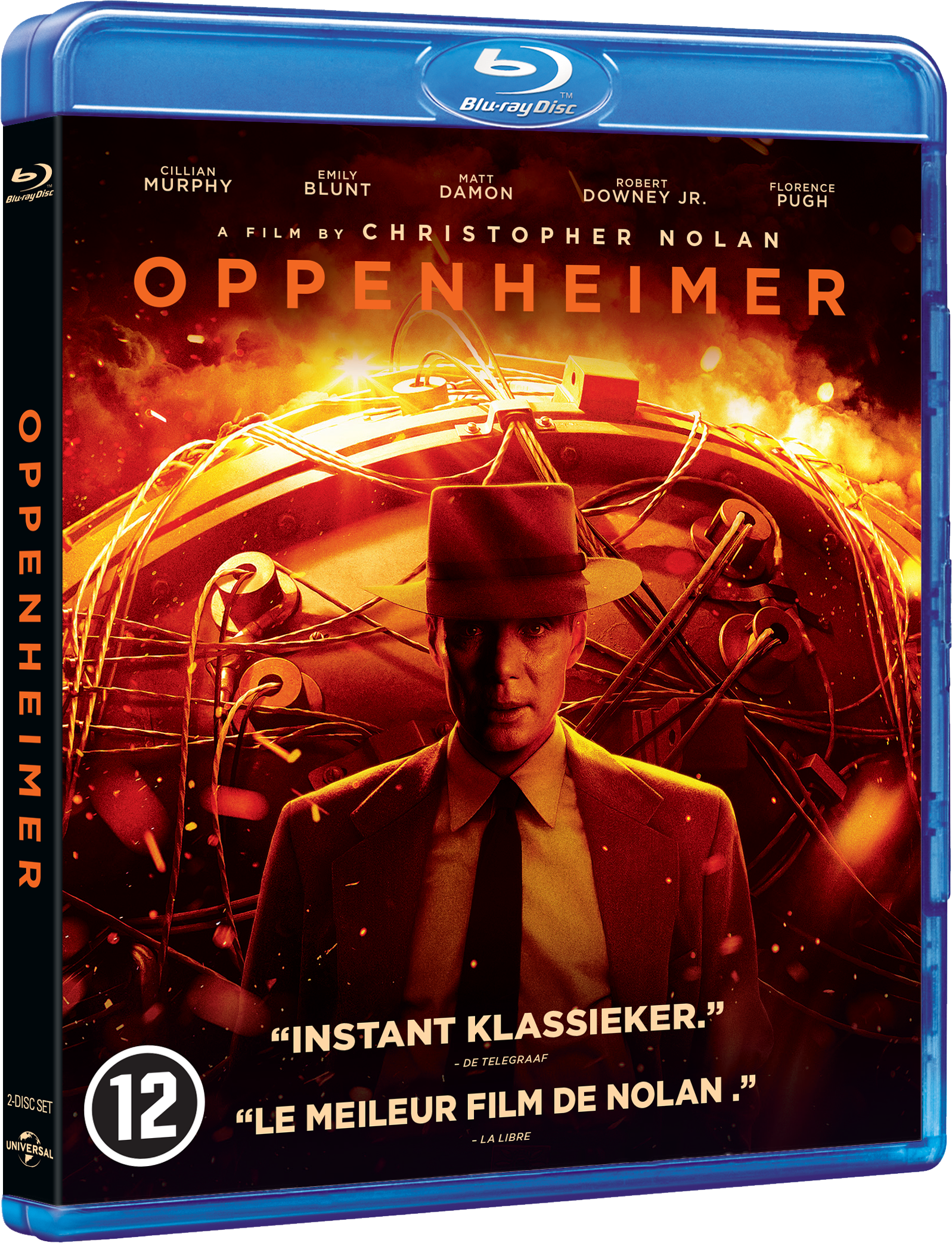 Oppenheimer Blu-ray disc cover. Cillian Murphy, Emily Blunt, Matt Damon, Robert Downey Jr. featured.
