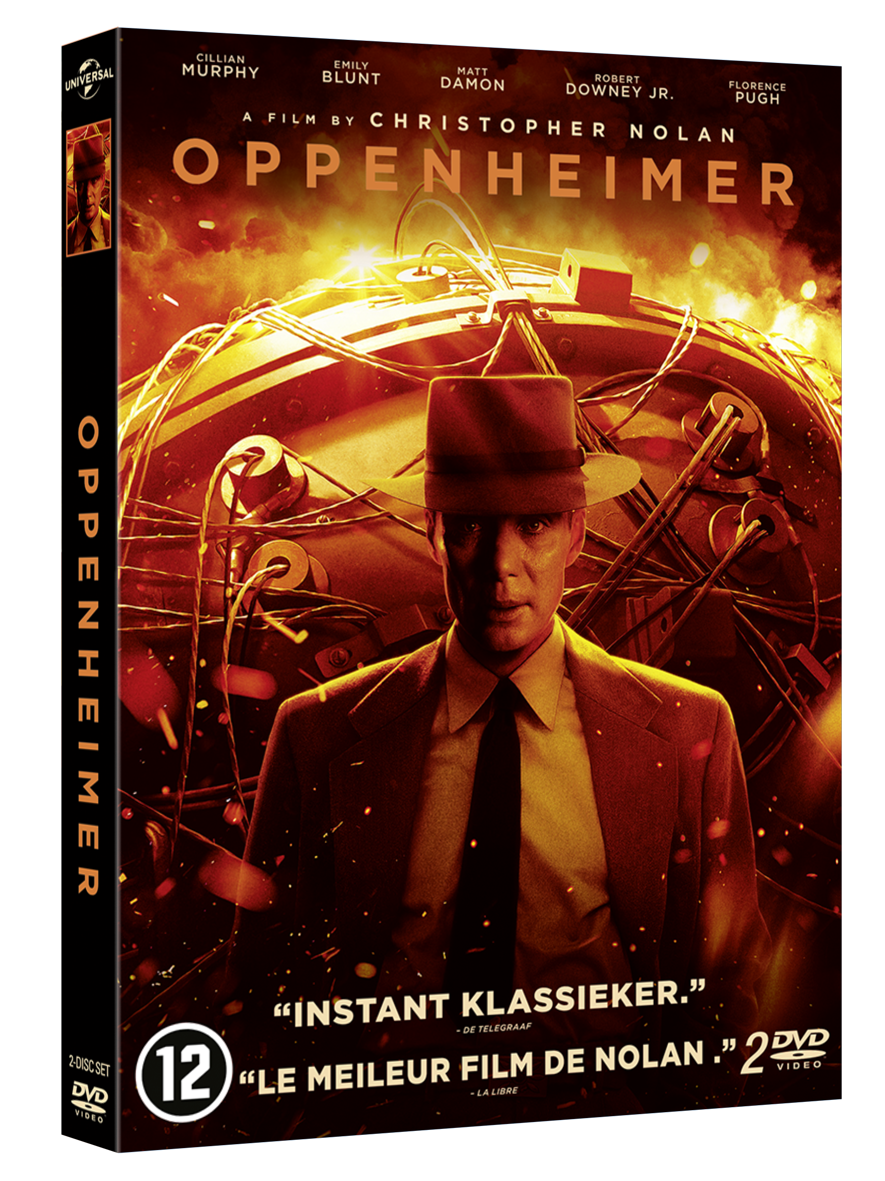 The DVD cover of the film Oppenheimer features Cillian Murphy. Text includes actors and film title.