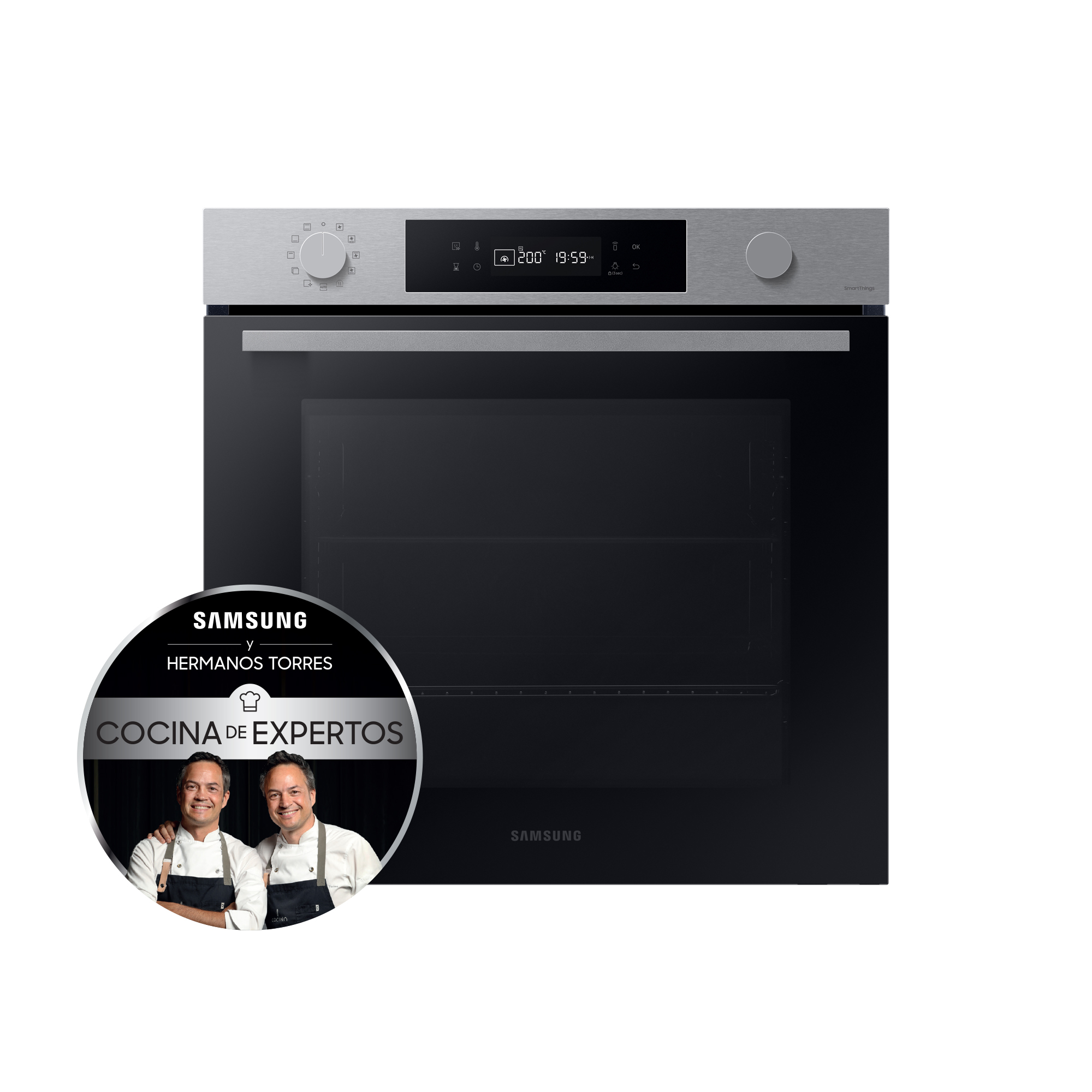 Horno de acero inoxidable con pantalla digital. Imagen circular de dos chefs a la izquierda.
