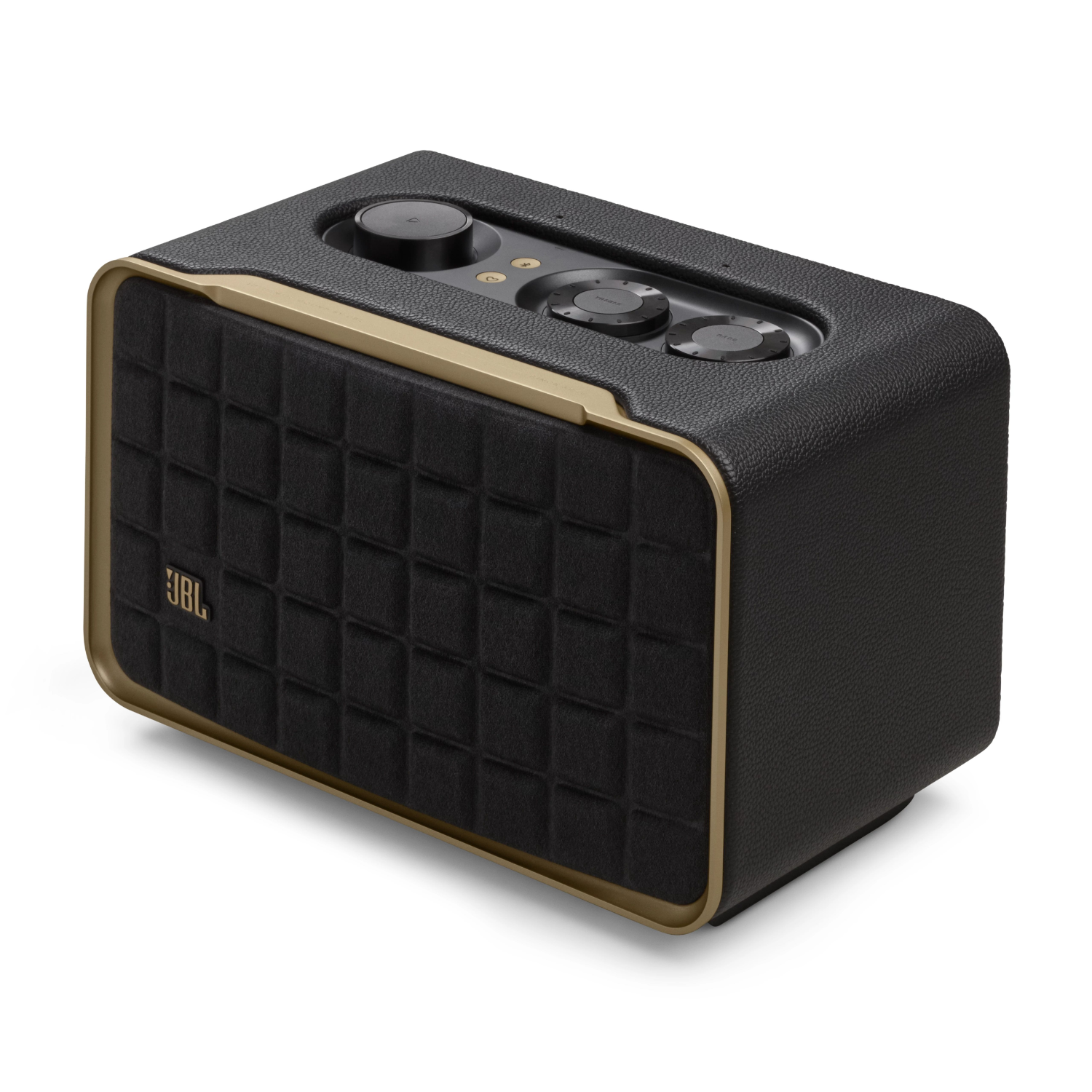 Zwarte en gouden JBL-luidspreker met bedieningsknoppen, op een wit oppervlak, schuine weergave.