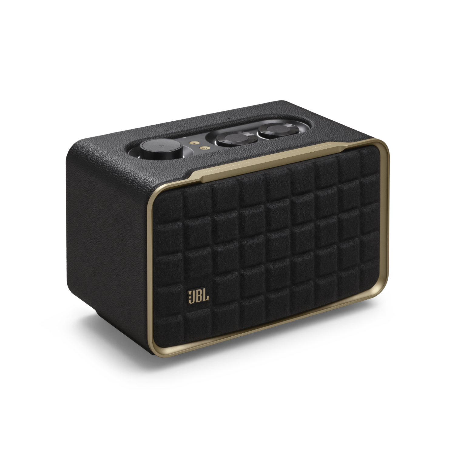 Zwarte en gouden JBL-luidspreker, rechthoekig, knoppen bovenop.