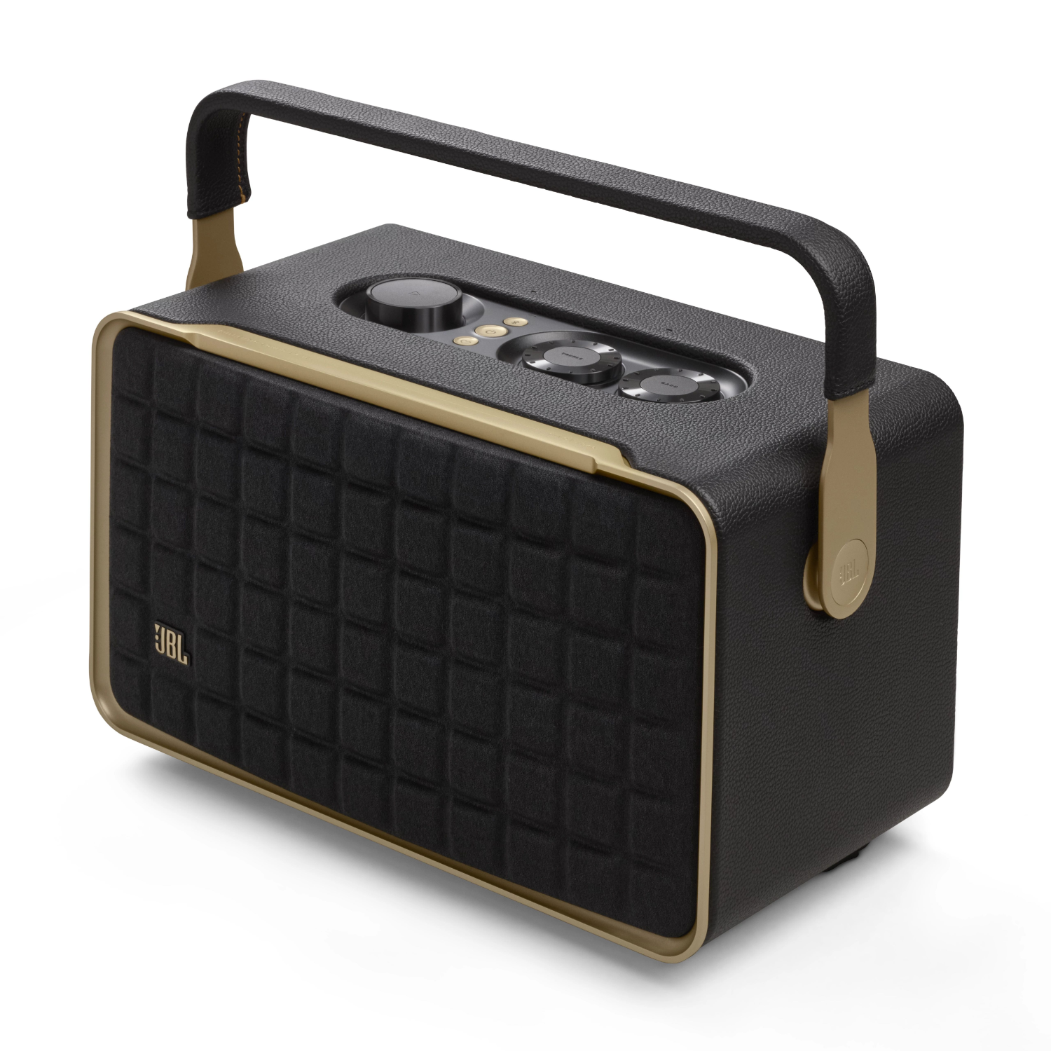 Een zwarte en gouden JBL-luidspreker met een handvat, geïsoleerd op een witte achtergrond.