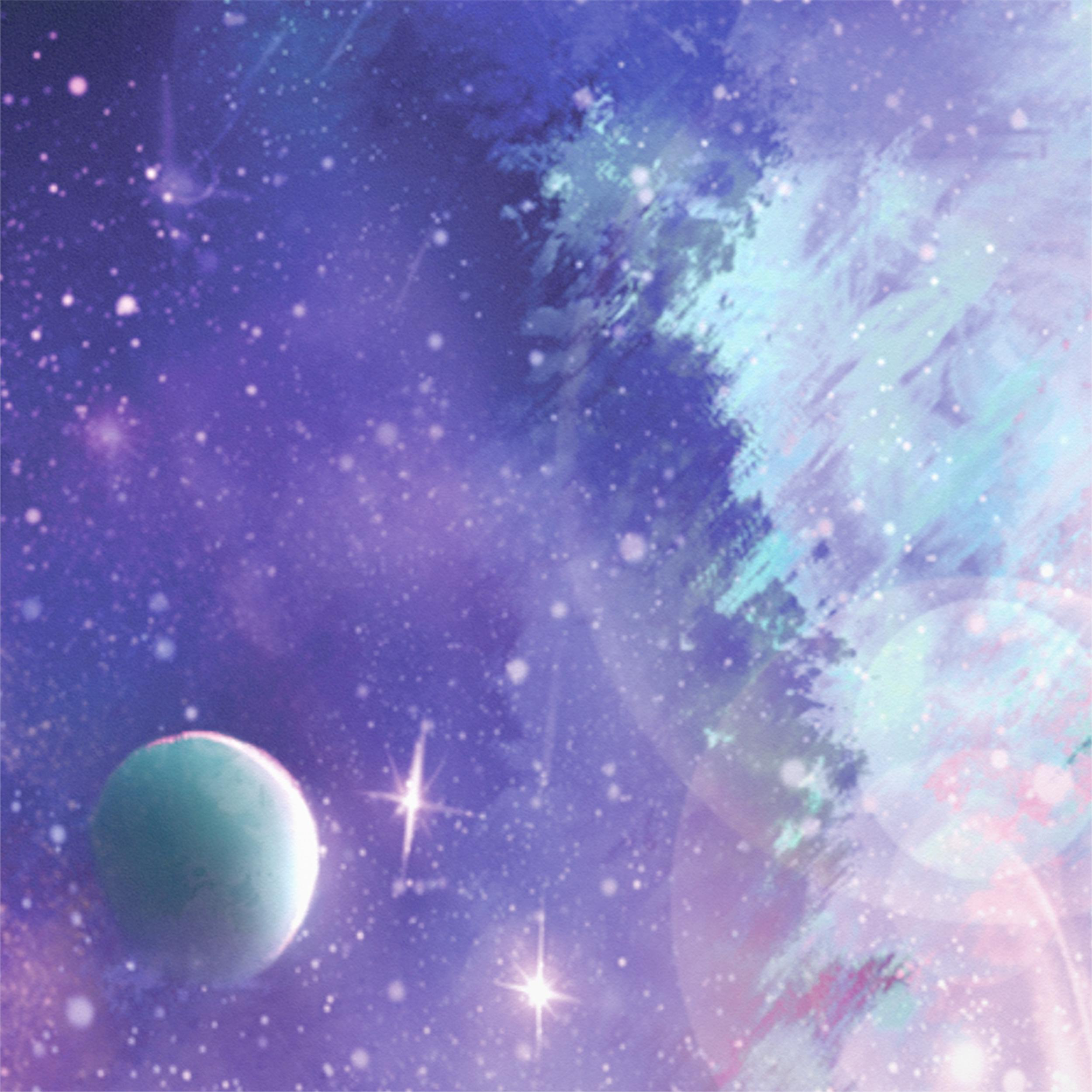 Eine künstlerische Darstellung einer sternenübersäten Weltraumszene mit einem Planeten und Nebeln.