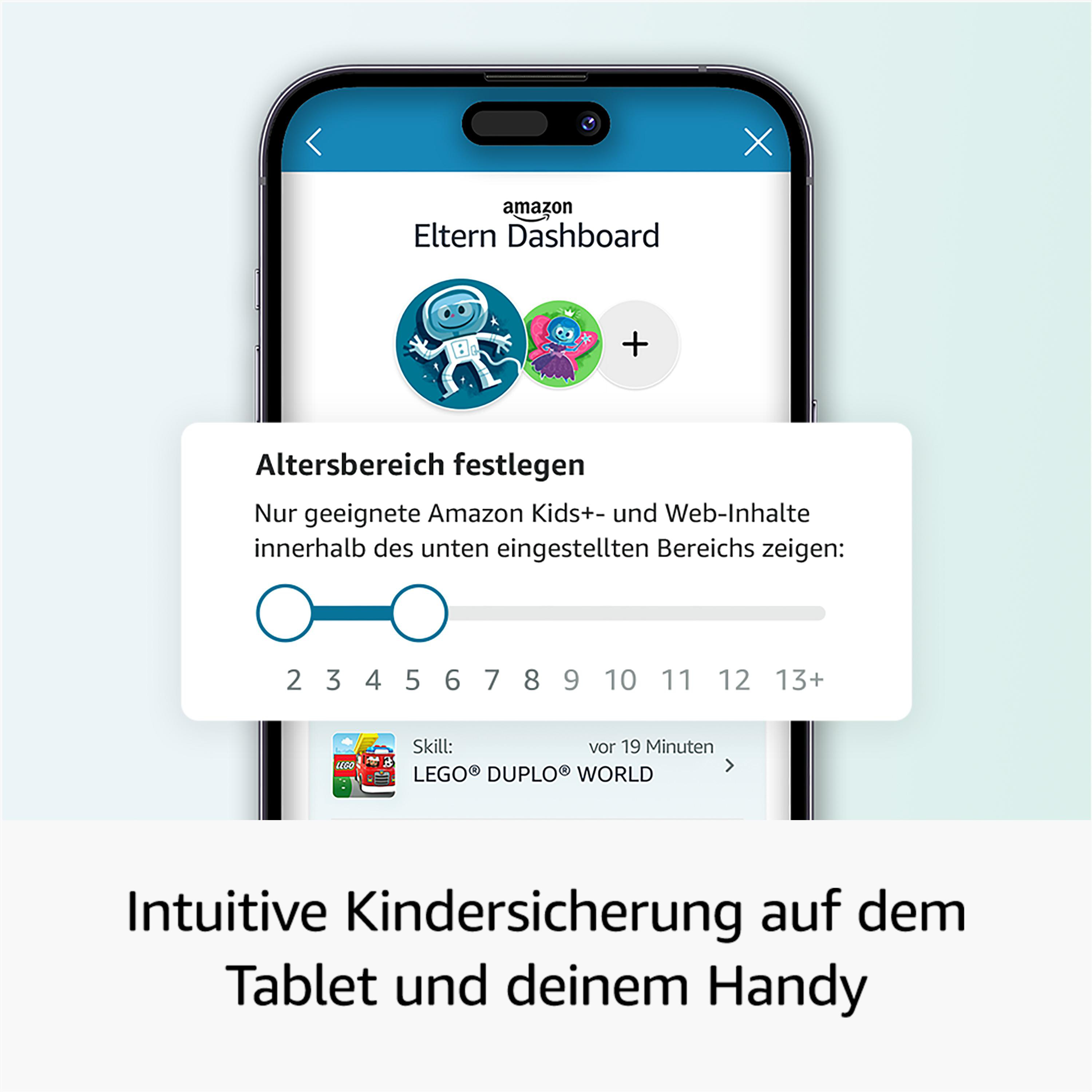 Smartphone zeigt Amazon Kids+ Einstellungen. Text: 'Altersbereich festlegen', 'Intuitive Kindersicherung'.