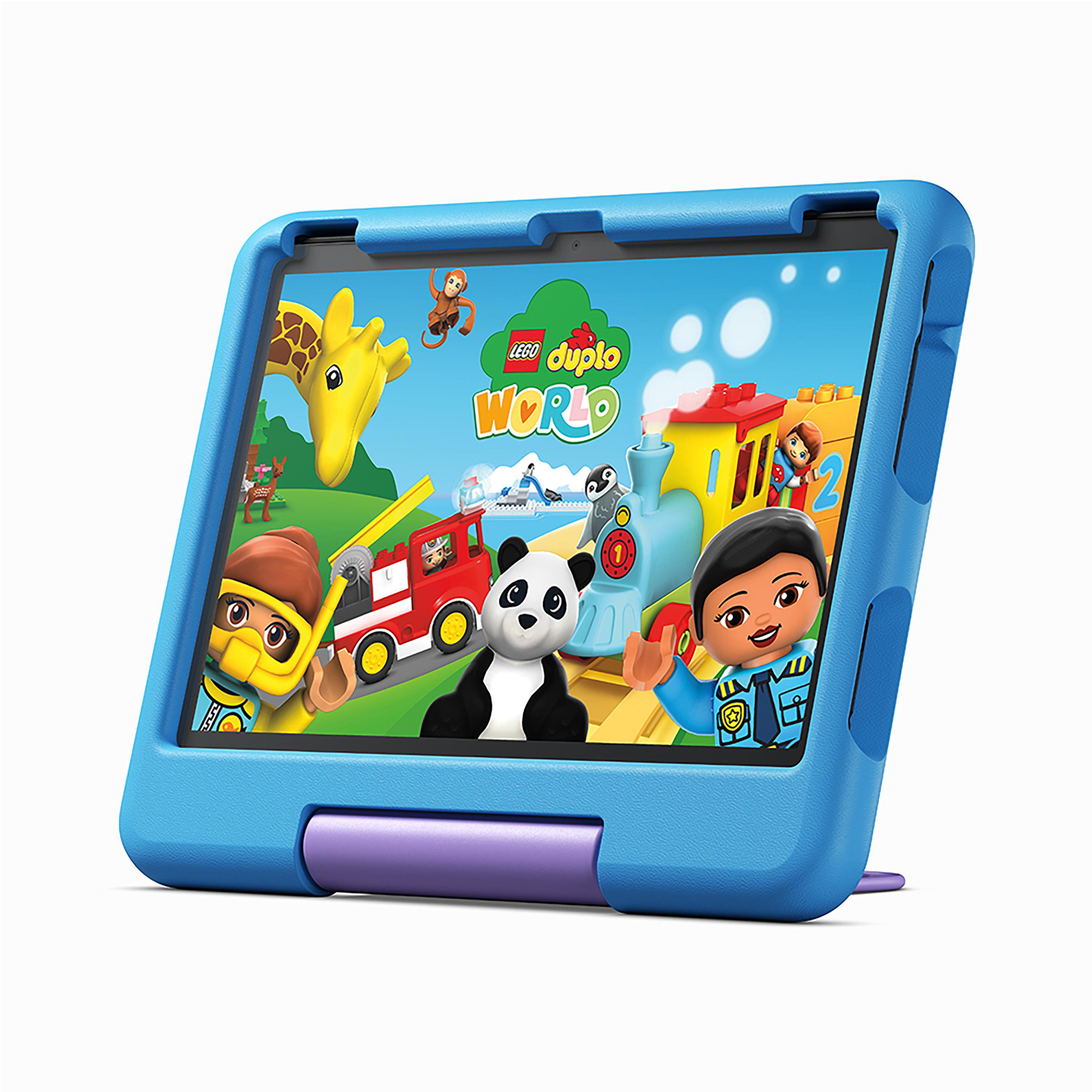 Ein blaues Tablet mit einem Bildschirm, der eine Lego Duplo-Szene zeigt. Figuren, Zug und Tiere werden angezeigt.