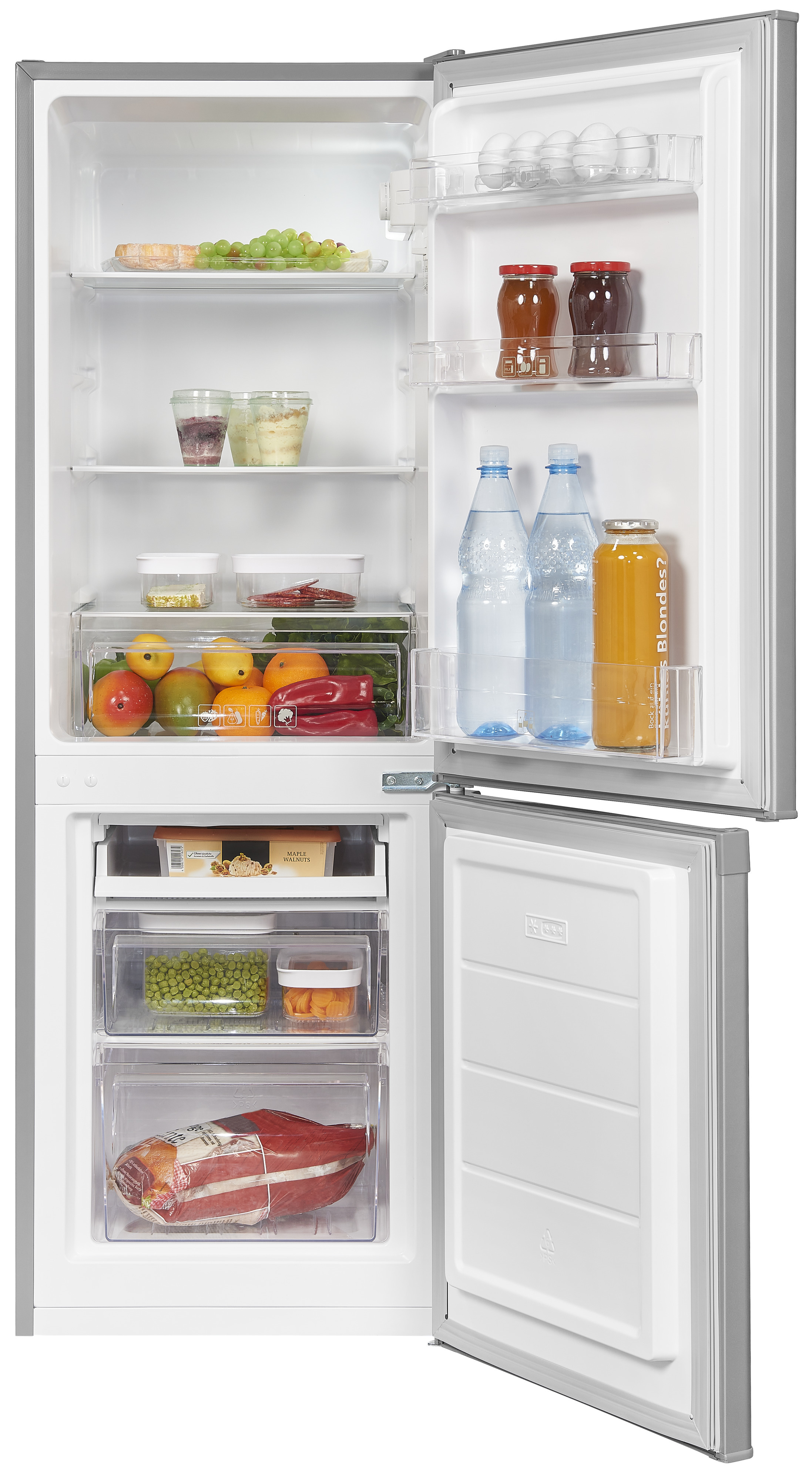 Offener Kühlschrank mit Regalen voller Lebensmittel, darunter Obst, Gemüse und Getränke.