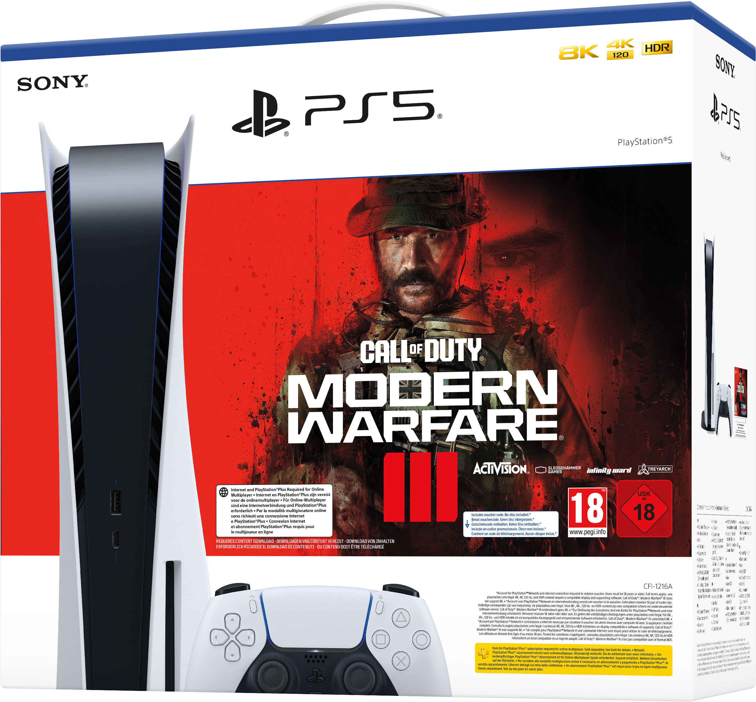 PlayStation 5 console met Call of Duty Modern Warfare II speldoos en controller.