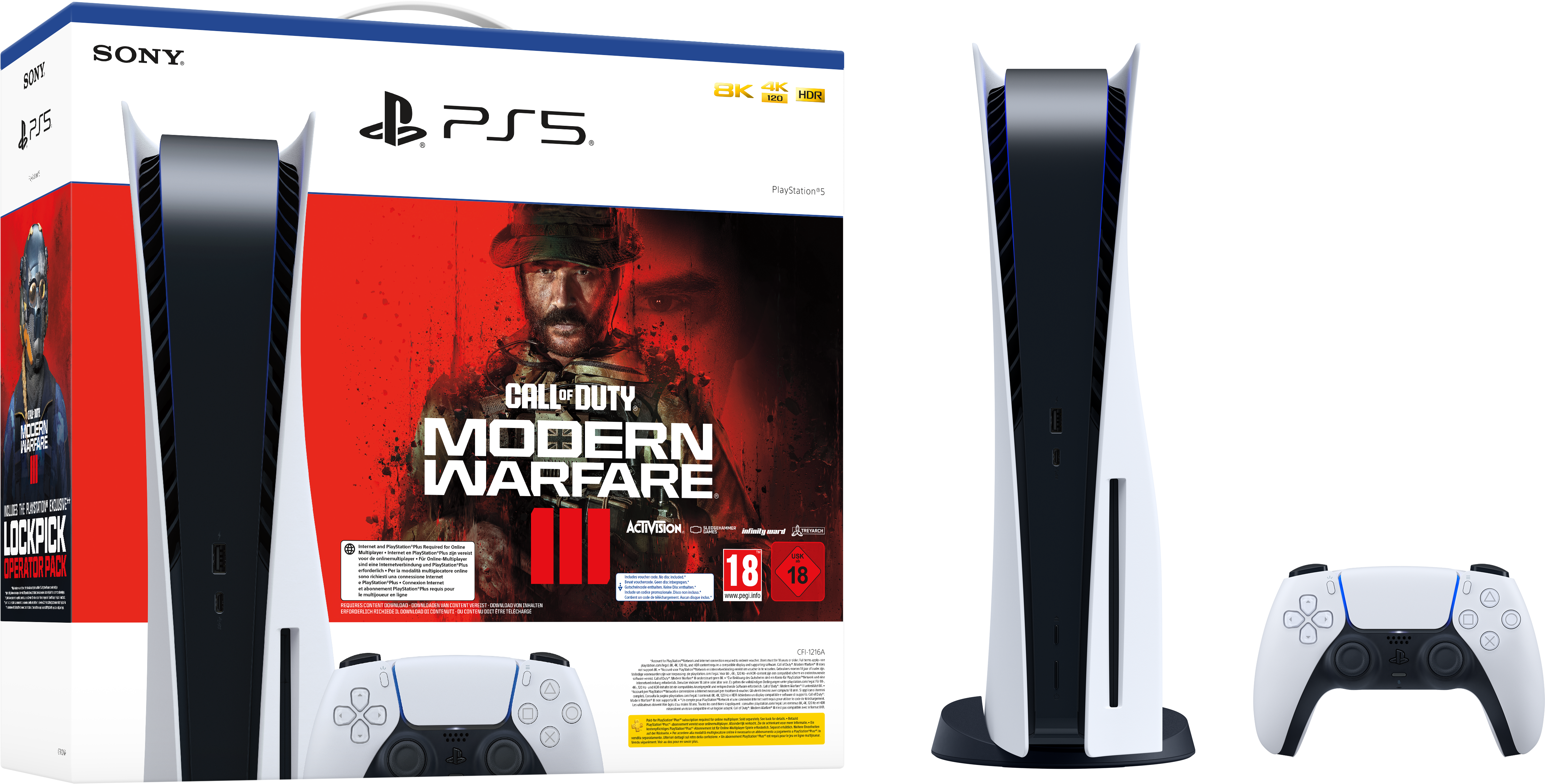 PS5 console, gamebox en controller. De doos heeft een game-afbeelding. De console is zwart en wit.