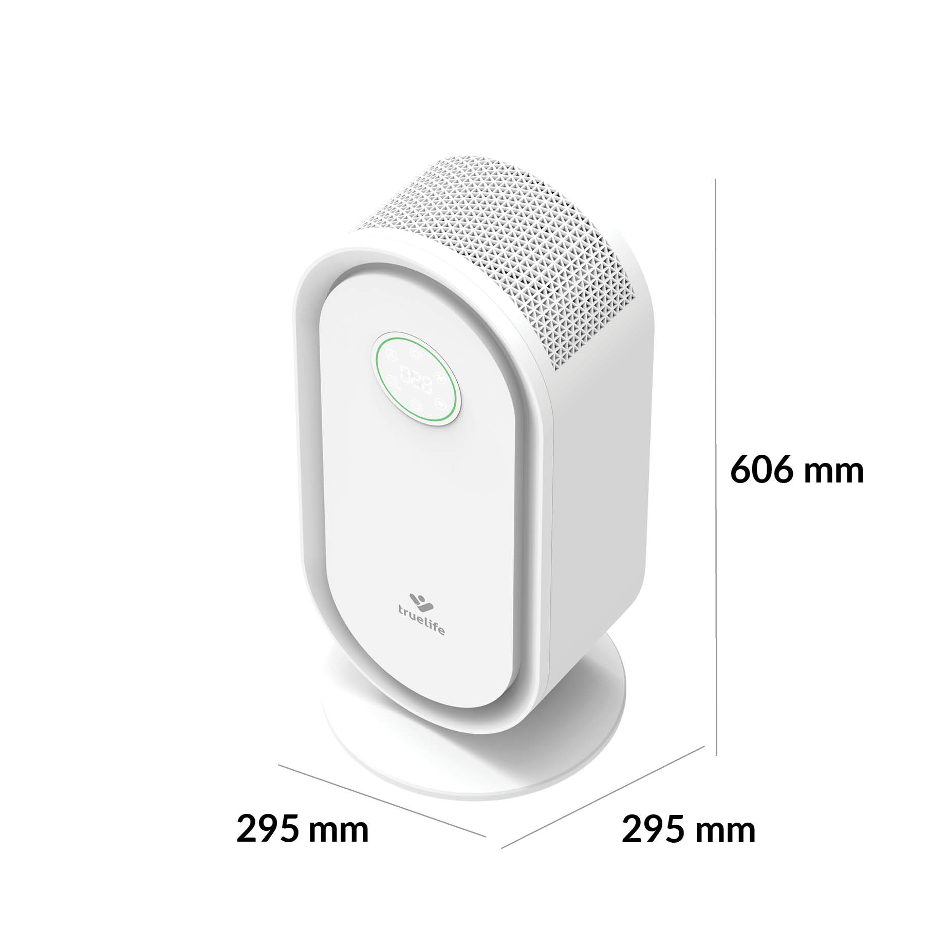 Fehér légtisztító méretekkel. Digitális kijelzője és perforált teteje van.
