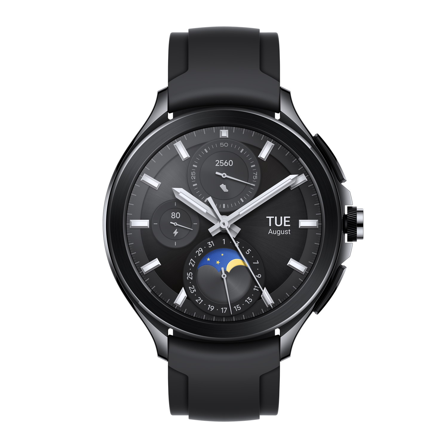 Reloj inteligente negro con pantalla oscura. Tiene una correa negra. La hora es visible.