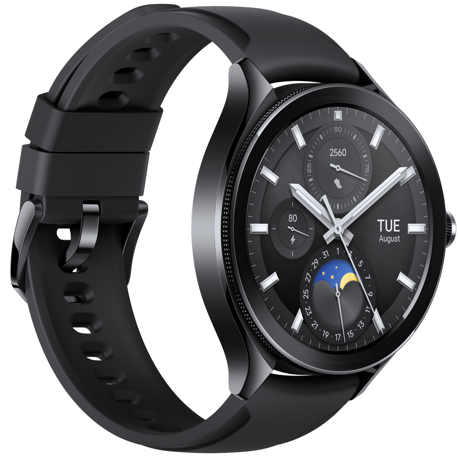 Reloj inteligente negro con esfera circular y correa negra, sobre fondo negro.