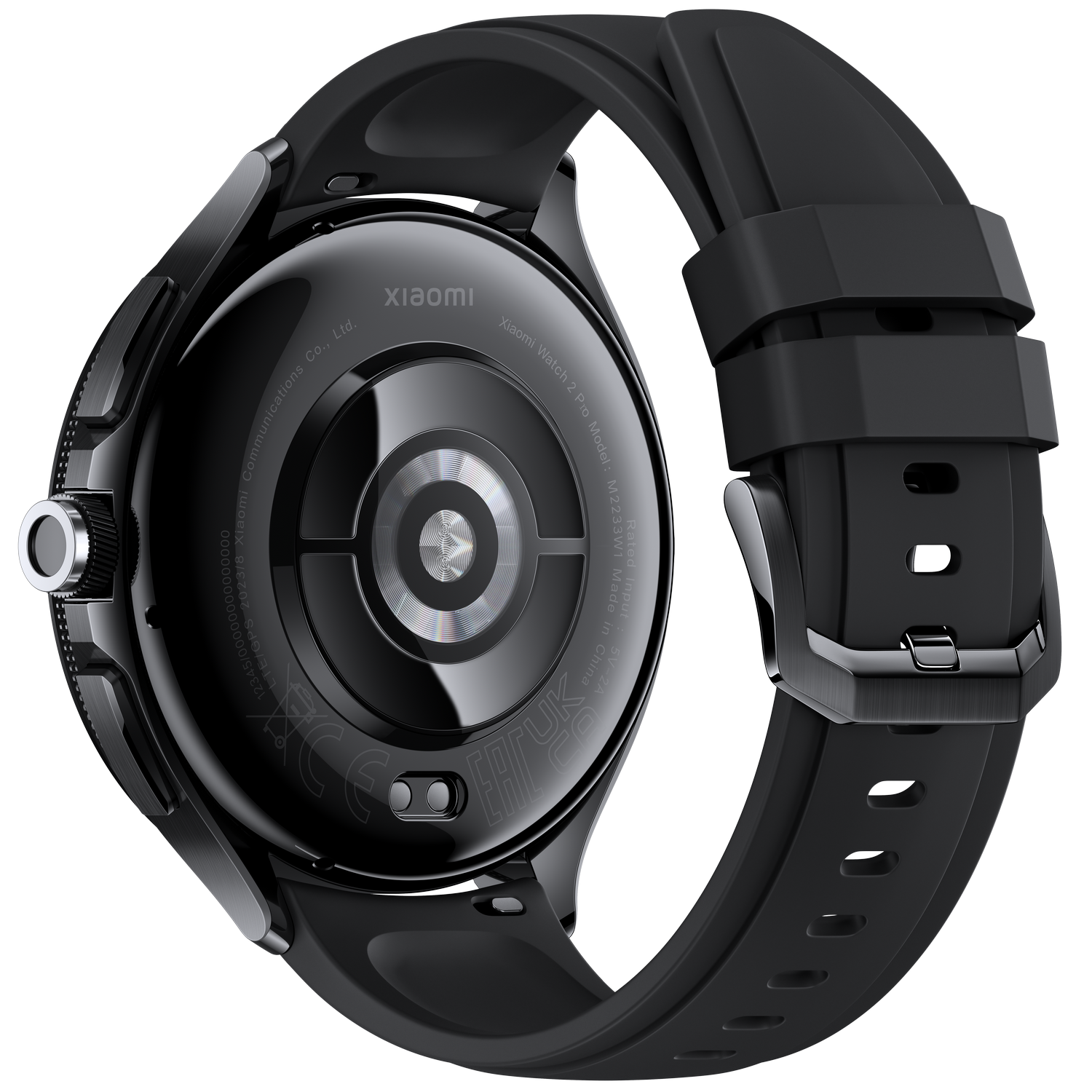 Reloj inteligente Xiaomi negro. La parte trasera muestra sensores y la correa está adjunta.