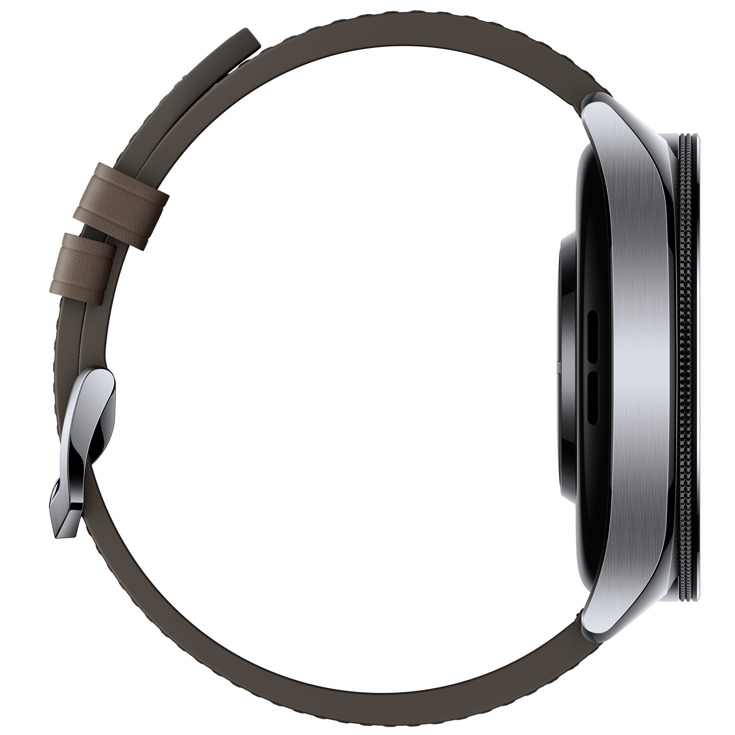 Smartwatch plateado con correa de cuero marrón, vista lateral, fondo negro.