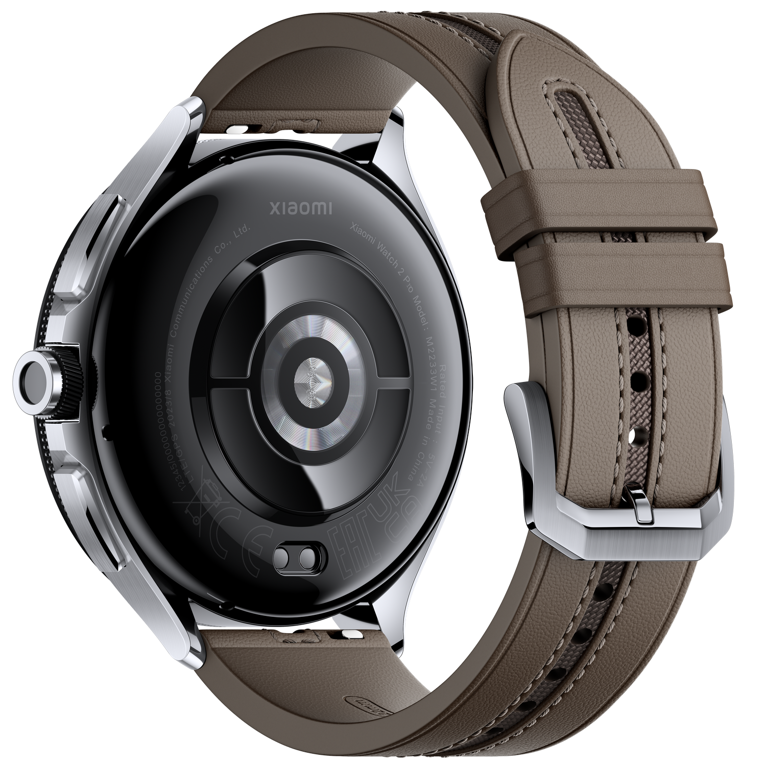 Parte trasera de un reloj inteligente Xiaomi con correa de cuero marrón.