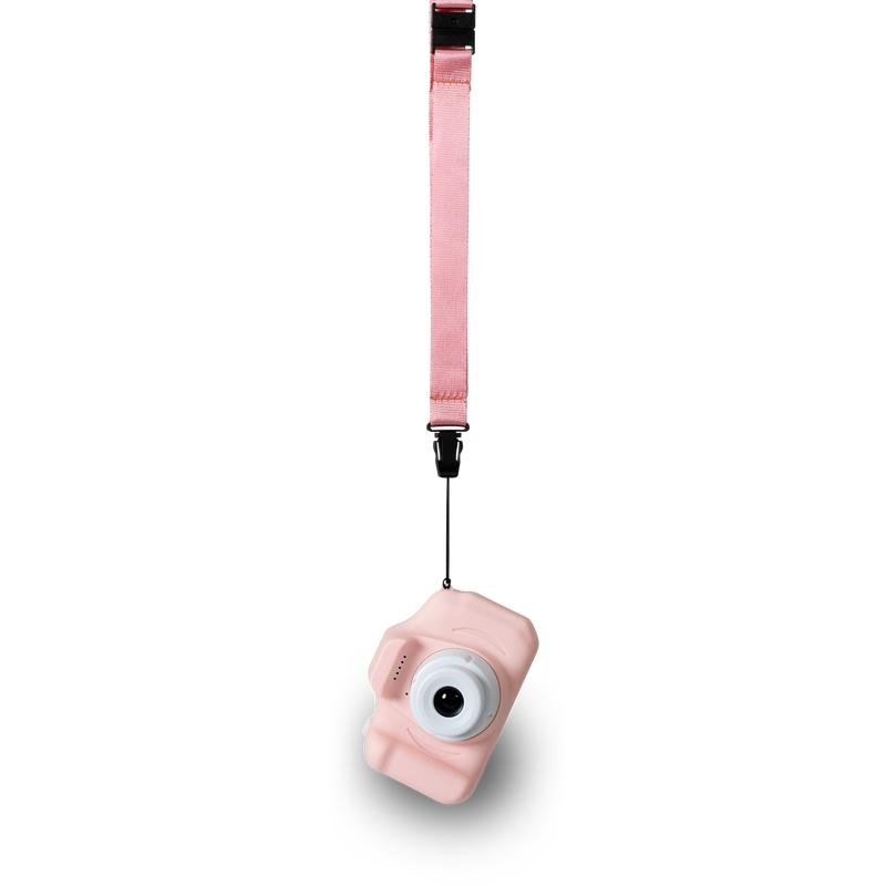 Eine rosa Kamera mit einem rosa Gurt. Sie hängt am Gurt.