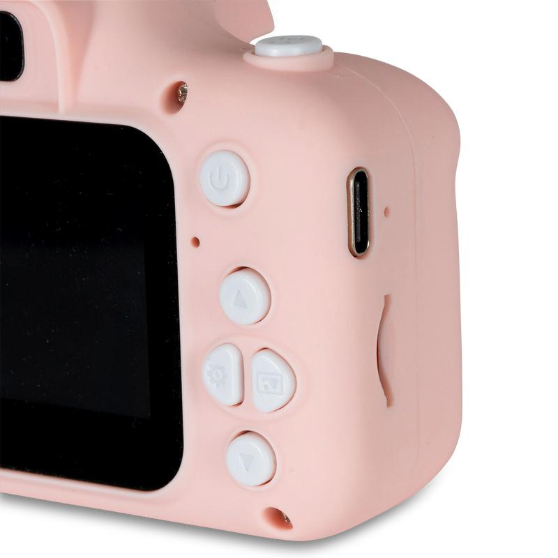 Nahaufnahme einer rosa Digitalkamera mit Knöpfen und einem Bildschirm.