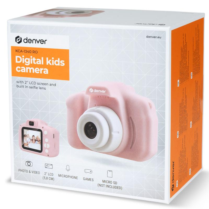 Pinke Denver-Kinderkamera in einer Box, mit zwei kleineren Kameraabbildungen.