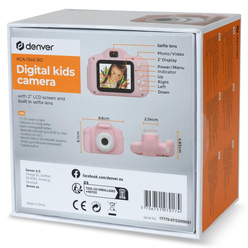Eine rosa digitale Kinderkamera-Box. Zeigt eine Kamera und ihre Funktionen.