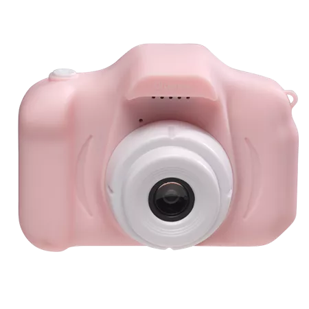 Eine rosa Kinderdigitalkamera. Sie hat ein weißes Objektiv und einen weißen Knopf.