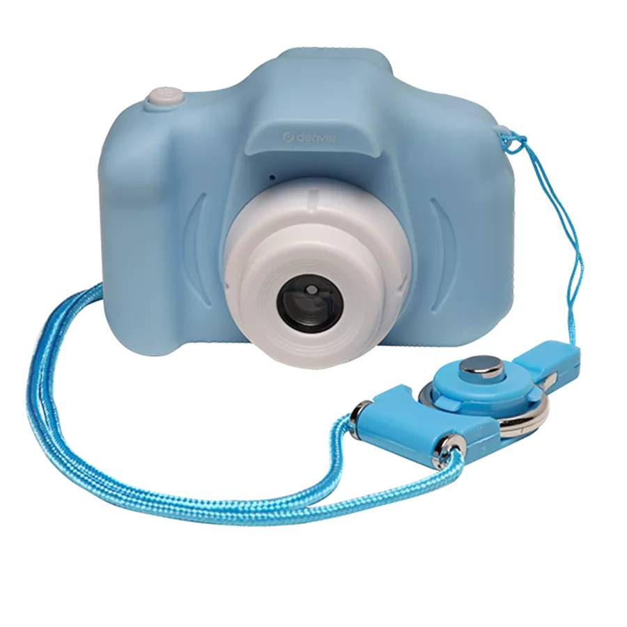 Eine blaue Digitalkamera mit blauem Gurt. Die Kamera hat ein weißes Objektiv und einen Blitz oben.