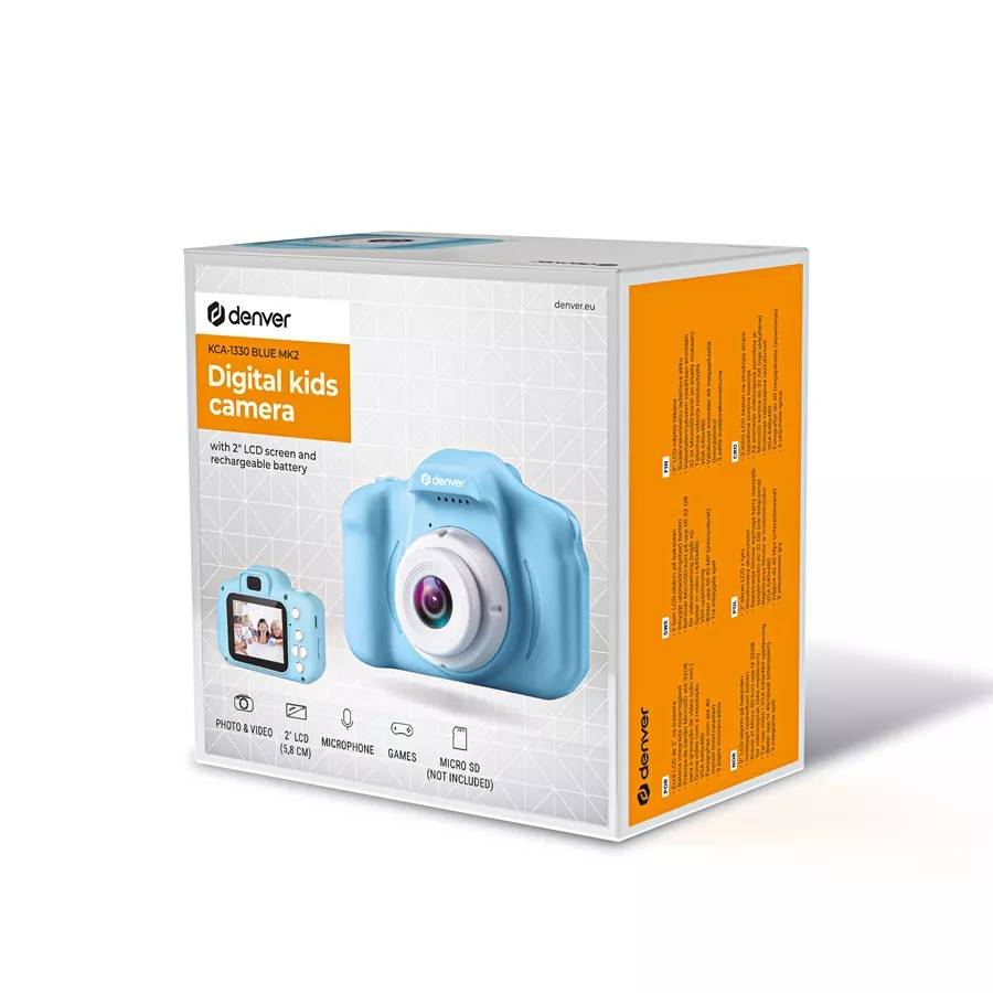 Eine blaue digitale Kinderkamera in einer Schachtel, die die Kamera und ihre Funktionen auf der Verpackung zeigt.
