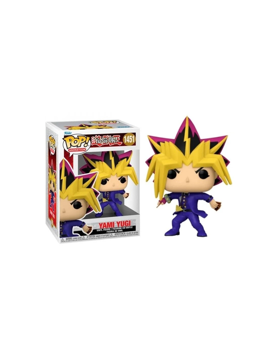 Figura Funko Pop de Yami Yugi en caja y fuera, con cabello puntiagudo y chaqueta azul.