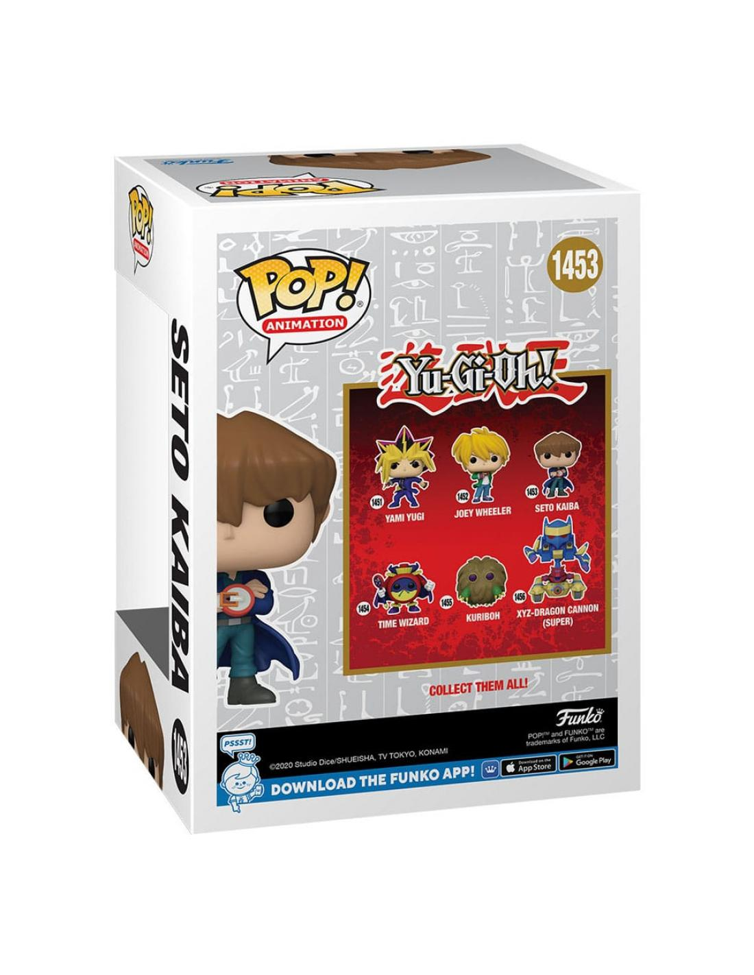 Parte trasera de una caja Funko Pop de Yu-Gi-Oh! con Seto Kaiba, con imágenes de otros personajes.