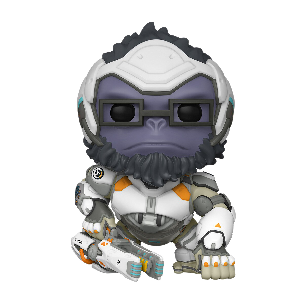 Una figura Funko de un gorila con traje blanco y gris de alta tecnología y gafas.