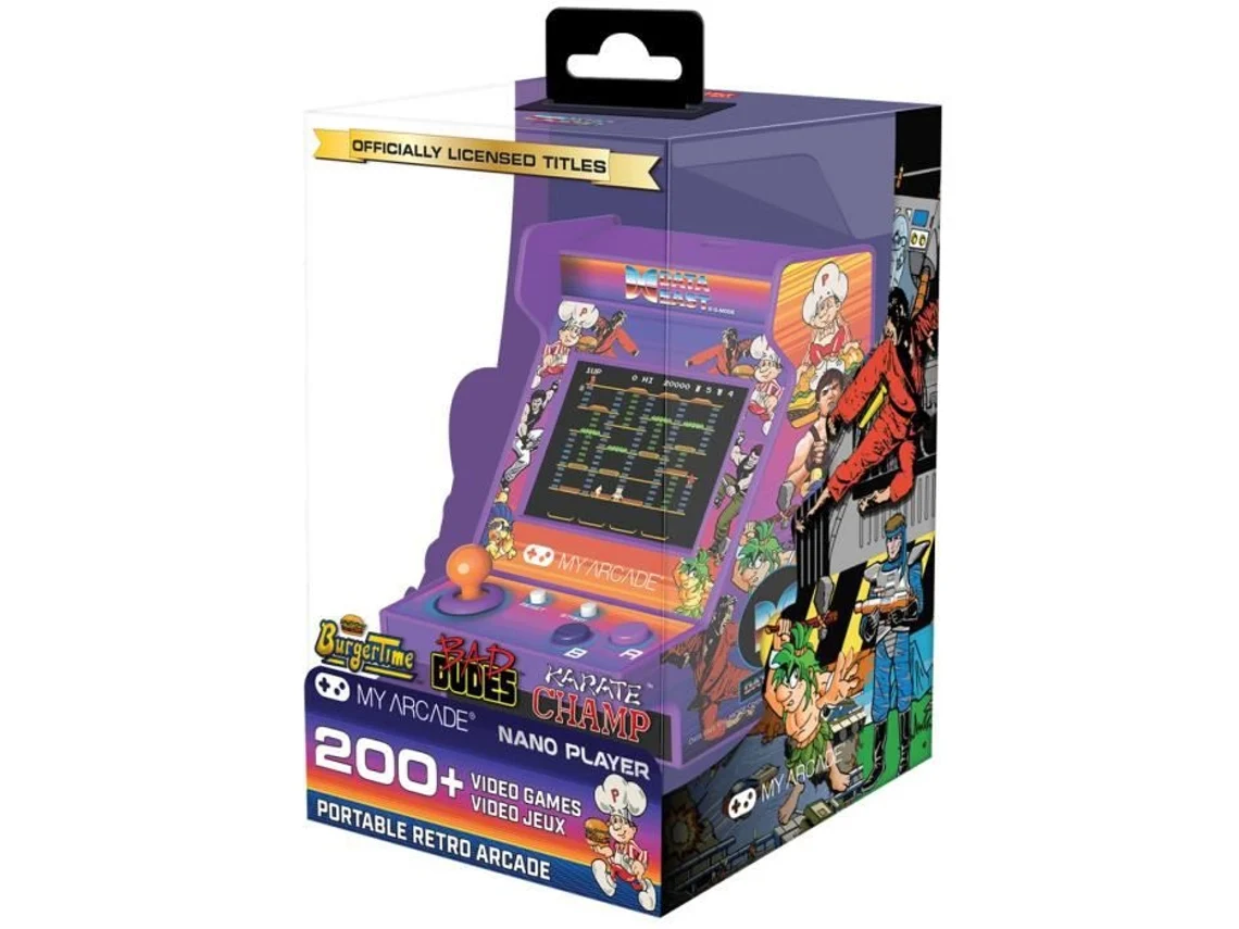 Juego de arcade en caja. La caja tiene gráficos del juego, con una parte frontal transparente, mostrando la arcade.